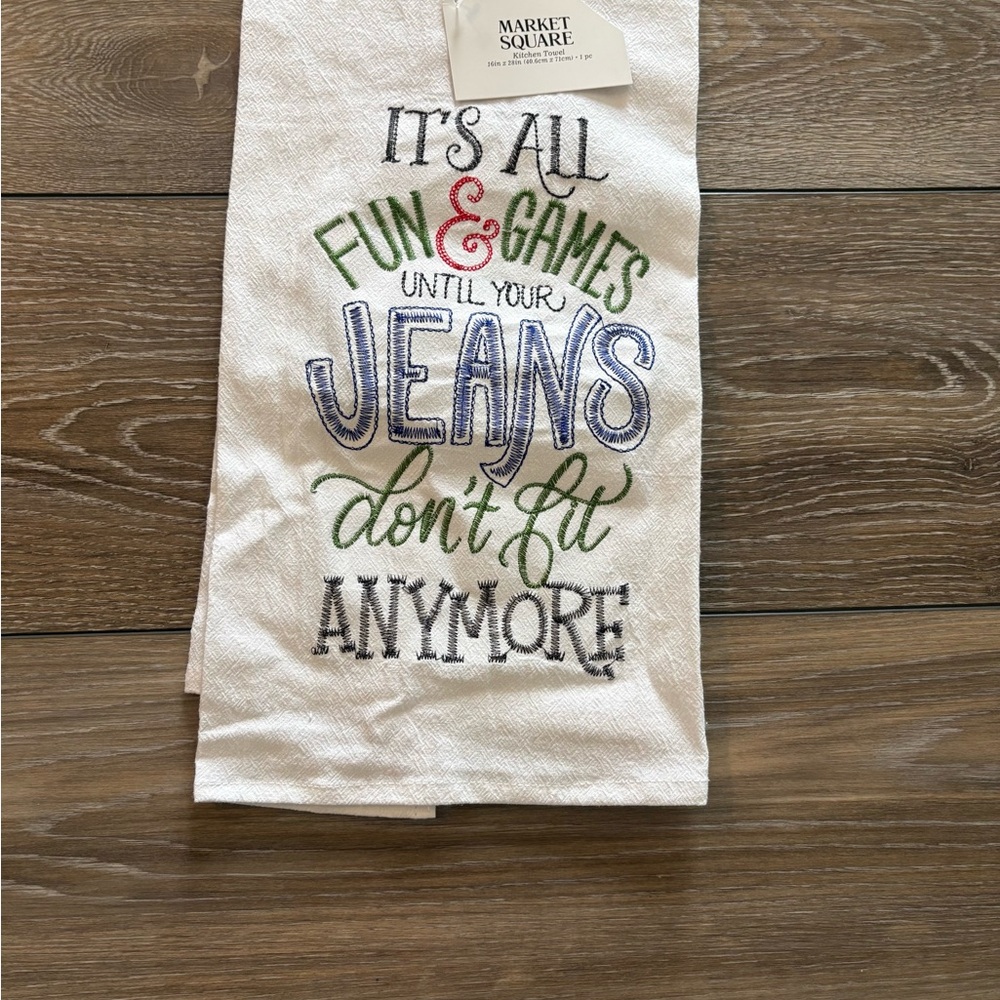 Market Square Embroidered Kitchen Towel - White with Green, Blue & Red Text